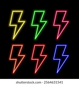 Neon lightning icon. Glowing neon electric thunderstorm sign, electrical discharge in vivid colors. Bright thunderbolt, electric bolt, high voltage. Icon set, sign, symbol for UI. Vector illustration.