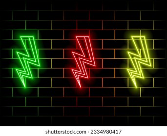 Neon lightning icon. Glowing neon thunder sign, electrical discharge in vivid color. Bright lightning, electrical storm, high voltage. Icon set, sign, symbol for ui. green, red, yellow, pink, blue, or