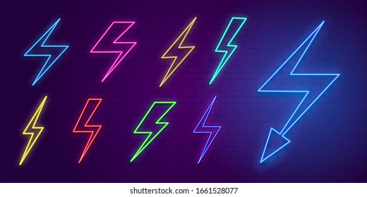 Neon Lightning Icons. Colored arrows and flashes, disco bar or night club emblems. Versus vector signs