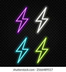 Neon Lightning Icons. Colored arrows and flashes, disco bar or night club emblems. Versus vector signs.