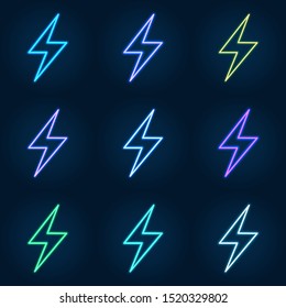 Neon lightning sign set. Glowing electricity power symbol, electric spark . Vector colored lightning set isolated on black background