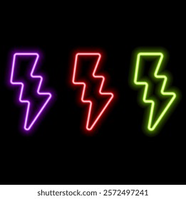 Neon lightning sign symbol in dark room.