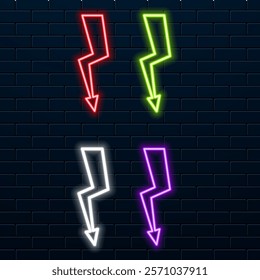 Neon lightning and thunder isolated luminous sign. Symbol of energy, power, charge and discharge icon.