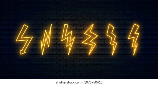 Neon lightning thunderbolt set. Six high-voltage neon symbols. Thunder and electricity sign. Banner design, bright advertising signboard elements. Vector illustration. Electric discharge.