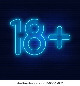 Neon lights 18+. A vivid illustration of adulthood. Modern vector logo, banner, shield, figure 18+. Night advertising on the background of a brick wall.