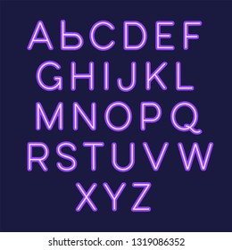 Neon lights alphabet. Vector illustration eps10 of uppercase font. Neon sign with glowing ultra violet colors letters. 
