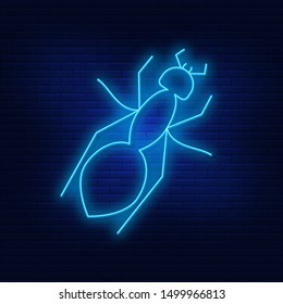 Neon lights ant. A bright advertisement for a large ant. Modern vector logo, banner, shield, picture of ants. Night advertising on the background of a brick wall.