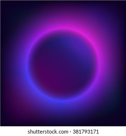 Neon lights around the circle. Planet in space. Abstract background for flyers night discos. Burning a pointer to a black wall in a club, bar or cafe. Design element for your ad, sign, poster, banner.