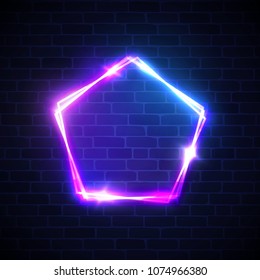 Neon lights background. Pentagon shape sign. Glowing electric abstract frame on brick texture wall backdrop. Night bar retro banner with glow. Bright color vector illustration with flash in 80s style.