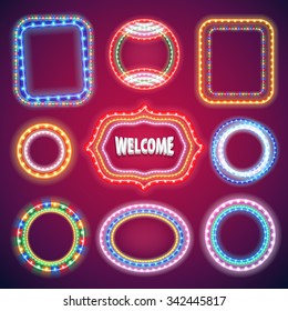 Neon Lights Banners Set for Your Holiday Project. Used pattern brushes included. There are fastening elements in a symbol palette.