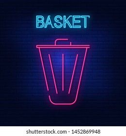 Neon lights basket. Bright is the recycle bin. Modern vector logo, icon, banner, shield, basket pattern. Night advertising on the background of a brick wall. Vector illustration. Sign.