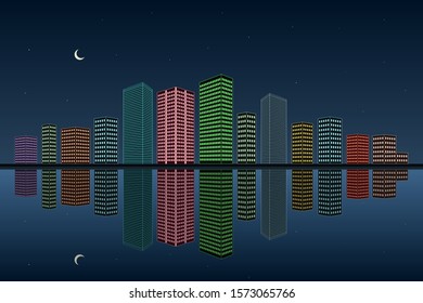 Neon lights of big city. Reflection in water. Vector illustration.