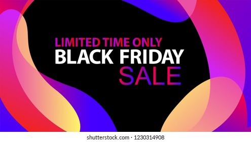 Neon lights blue, lilac, ultraviolet, pink gradients sale sticker. Minimalistic abstract liquid fluid form design. Black friday sale business offer template, social media, ads, promo posters. Vector