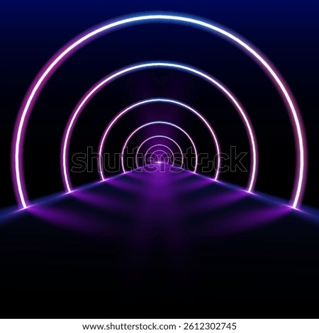 Neon lights in blue and pink create a mesmerizing tunnel. This futuristic graphic design captures the concept of movement and energy in a glowing, infinite space.	