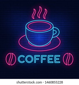 Neon lights cafe. Bright advertising of coffee, beans,beans. Good morning. logo, vector, banner, poster, image of natural coffee. Night neon sign. Light the sign. Vector illustration.