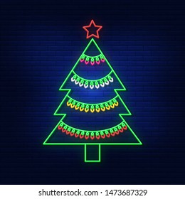 The neon lights of the Christmas tree. Bright Christmas advertising. Modern vector logo, banner, shield, picture of the new year. Night advertising on the background of a brick wall.