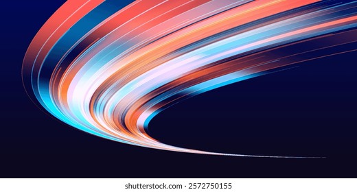 Neon lights and circles move quickly against a dark background. Vector speed of light in space on dark background. Beautiful glow light flare and spark.	