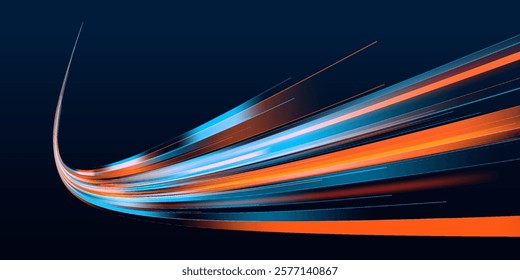 Neon lights and circles move quickly against a dark background. Vector speed of light in space on dark background. Beautiful glow light flare and spark.	