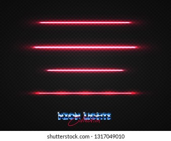 Neon lights collection. Vector light effects set isolated on transparent. Abstract retrowave neon objects. 80s lighting style