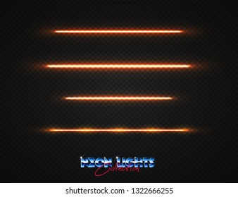 Neon lights collection. Vector light effects set isolated on transparent. Abstract retrowave neon objects. 80s lighting style