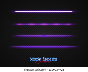 Neon lights collection. Vector light effects set isolated on transparent. Abstract retrowave neon objects. 80s lighting style