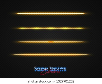 Neon lights collection. Vector light effects set isolated on transparent. Abstract retrowave neon objects. 80s lighting style