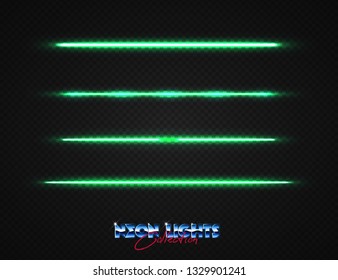 Neon lights collection. Vector light effects set isolated on transparent. Abstract retrowave neon objects. 80s lighting style