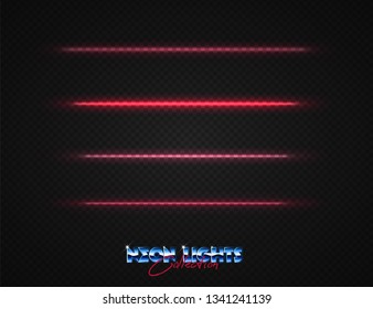 Neon lights collection. Vector light effects set isolated on transparent. Abstract retrowave neon signs. 80s lighting style set.