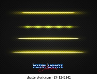 Neon lights collection. Vector light effects set isolated on transparent. Abstract retrowave neon signs. 80s lighting style set.