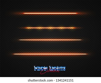Neon lights collection. Vector light effects set isolated on transparent. Abstract retrowave neon signs. 80s lighting style set.