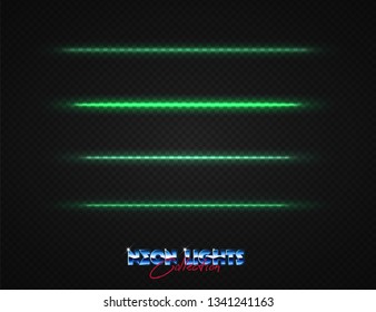 Neon lights collection. Vector light effects set isolated on transparent. Abstract retrowave neon signs. 80s lighting style set.