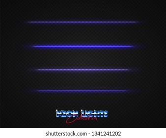 Neon lights collection. Vector light effects set isolated on transparent. Abstract retrowave neon signs. 80s lighting style set.