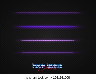 Neon lights collection. Vector light effects set isolated on transparent. Abstract retrowave neon signs. 80s lighting style set.
