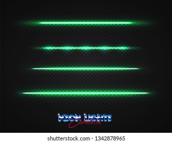 Neon lights collection. Vector light effects set isolated on transparent. Abstract retrowave neon objects. 80s lighting style