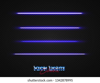 Neon lights collection. Vector light effects set isolated on transparent. Abstract retrowave neon objects. 80s lighting style