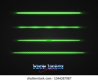 Neon lights collection. Vector light effects set isolated on transparent. Abstract retrowave neon objects. 80s lighting style