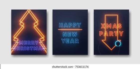 Neon lights design, Merry Christmas and Happy New Year. Xmas party background, retro card, vector banner