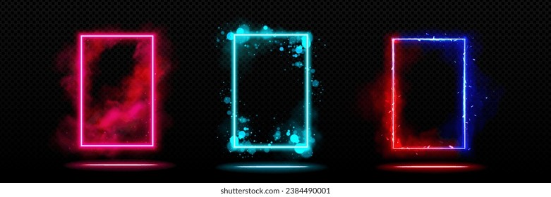 Las puertas de las luces de neón están aisladas sobre un fondo transparente. Ilustración vectorial realista de portales de marco rectangulares rojos, turquesas, azules con humo, chispas, efectos de brillo, puerta mágica, teletransportador cibernético