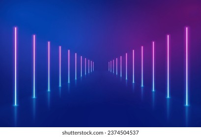 Marco de luces de neón, portal del corredor del túnel. El contorno geométrico del resplandor forma líneas luminosas láser. El fondo vectorial de la carretera ilumina la línea luminosa brillante con una lámpara de neón de estilo futurista.