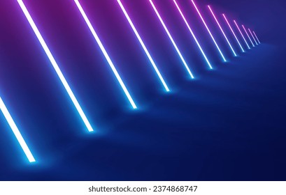 Neon lights frame, tunnel corridor portal. The geometric contour of the glow forms laser luminous lines. Vector background of road illuminates glowing light line with neon lamp in futuristic style.