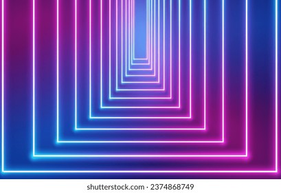 Neon lights frame, tunnel corridor portal. The geometric contour of the glow forms laser luminous lines. Vector background of road illuminates glowing light line with neon lamp in futuristic style.