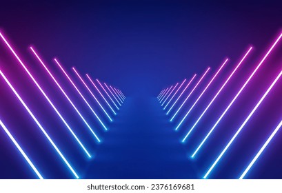 Neon lights frame, tunnel corridor portal. The geometric contour of the glow forms laser luminous lines. Vector background of road illuminates glowing light line with neon lamp in futuristic style.