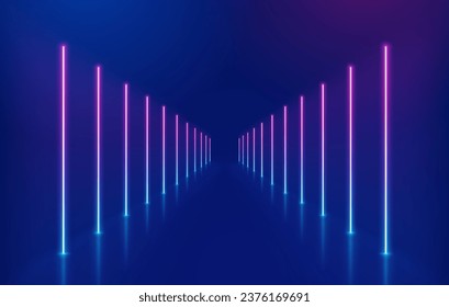 Neon lights frame, tunnel corridor portal. The geometric contour of the glow forms laser luminous lines. Vector background of road illuminates glowing light line with neon lamp in futuristic style.