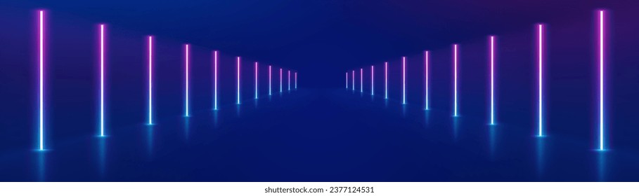 Neon lights frame, tunnel corridor portal. The geometric contour of the glow forms laser luminous lines. Vector background of road illuminates glowing light line with neon lamp in futuristic style.