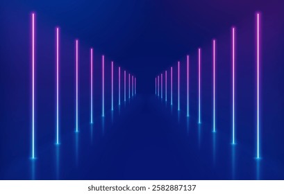 Neon lights frame, tunnel corridor portal. The geometric contour of the glow forms laser luminous lines. Vector background of road illuminates glowing light line with neon lamp in futuristic style.