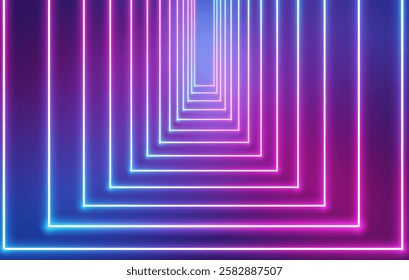 Neon lights frame, tunnel corridor portal. The geometric contour of the glow forms laser luminous lines. Vector background of road illuminates glowing light line with neon lamp in futuristic style.