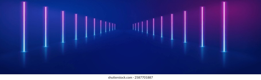 Neon lights frame, tunnel corridor portal. The geometric contour of the glow forms laser luminous lines. Vector background of road illuminates glowing light line with neon lamp in futuristic style.