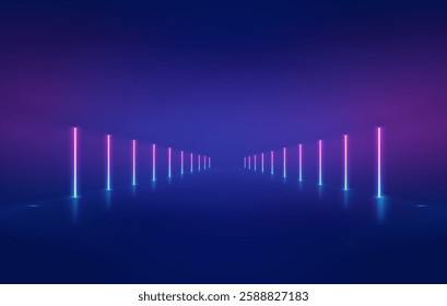 Neon lights frame, tunnel corridor portal. The geometric contour of the glow forms laser luminous lines. Vector background of road illuminates glowing light line with neon lamp in futuristic style.