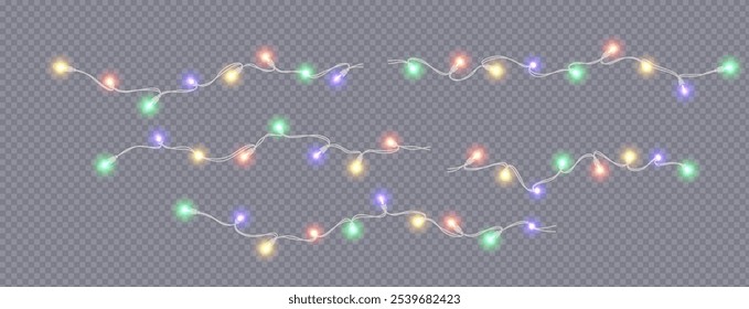 Neon luzes guirlandas festa decoração realista ícones conjunto de vetor. Natal ornamento multicolor fairy-lights 3d objetos ilustrações em transparente