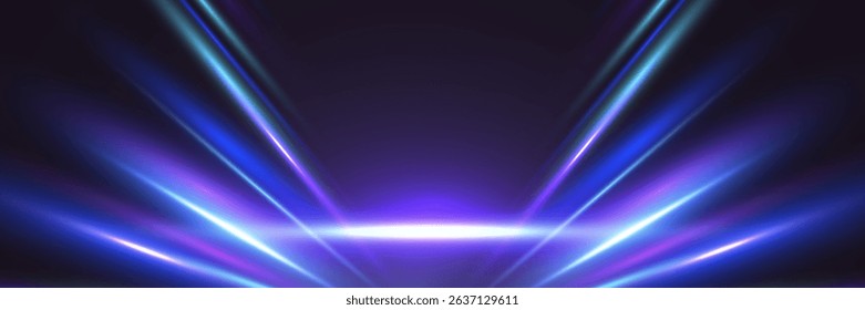 Neon lights and glowing stage beams in a futuristic spotlight scene on dark background. Perfect for events, concerts, or tech visuals. Vector Illustration.